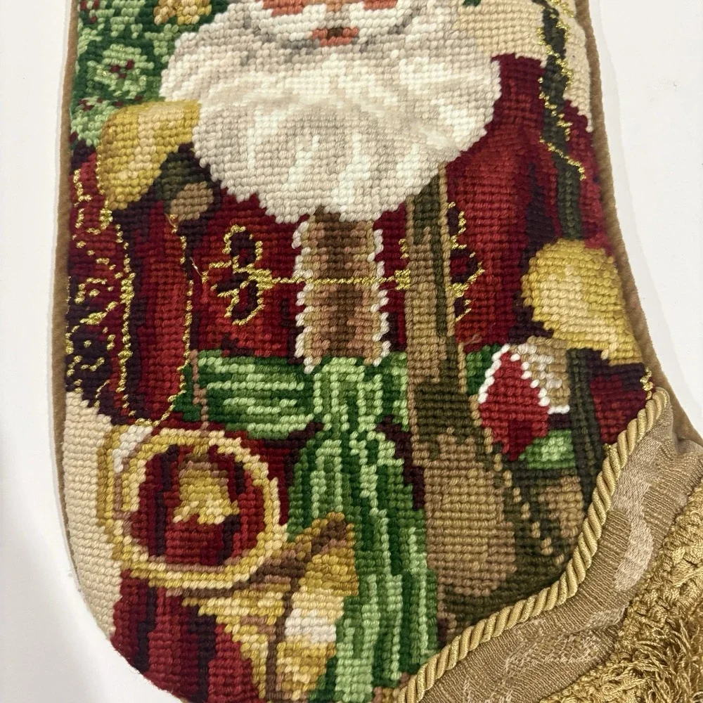 Vintage Santa Claus Wool Needlepoint Christmas Stocking Gold Velvet Backing 15